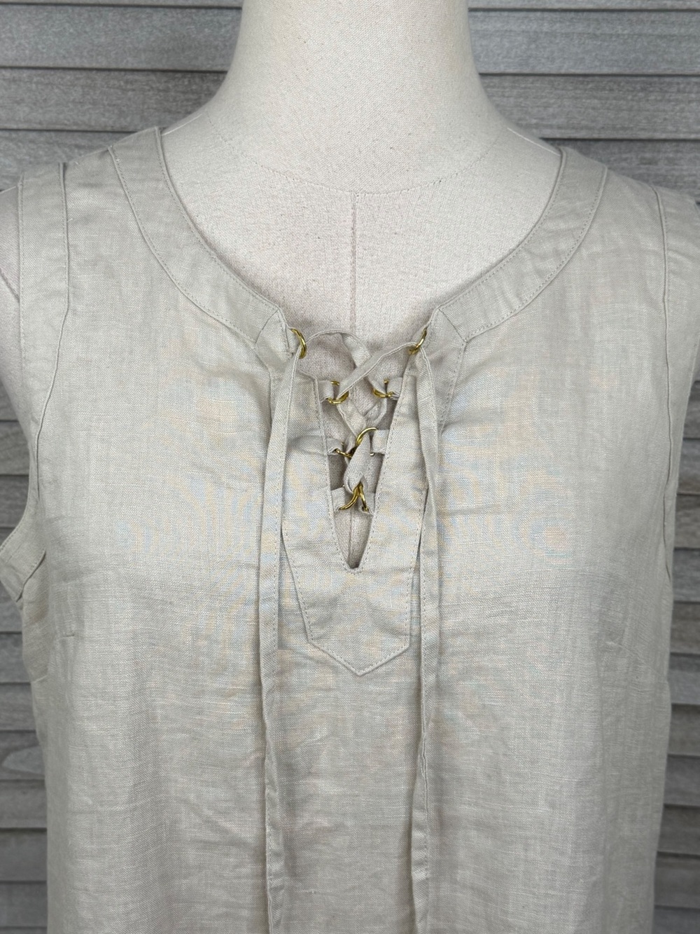 ELLEN TRACY Linen Tank Top Laced Bust Coastal Chic Preppy Minimalist Beige-M - Picture 2 of 3